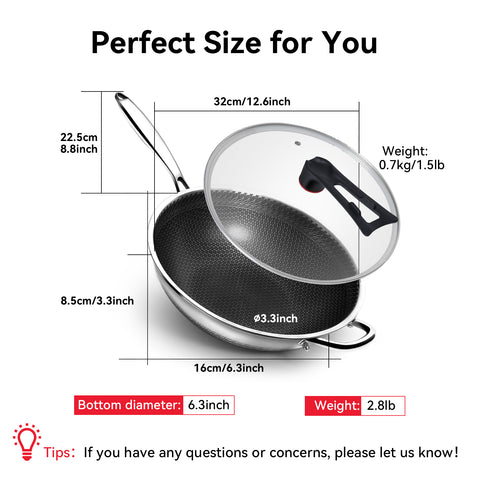 WANGYUANJI 12.6-Inch Honeycomb Nonstick Stainless Steel Wok with Glass Lid – Stir-Fry Pan for Induction & Gas Stove