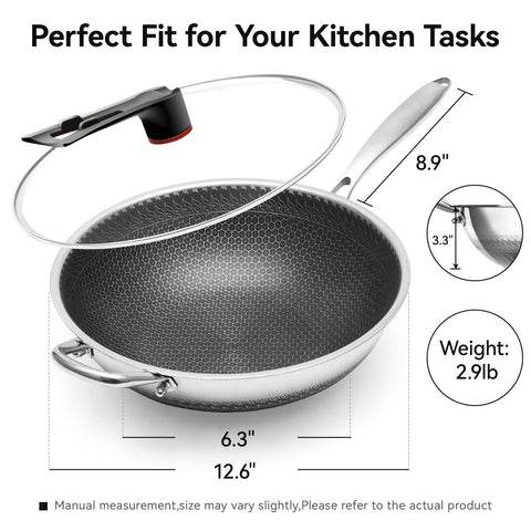 WANGYUANJI 12.6-Inch Honeycomb Nonstick Stainless Steel Wok with Glass Lid – Stir-Fry Pan for Induction & Gas Stove