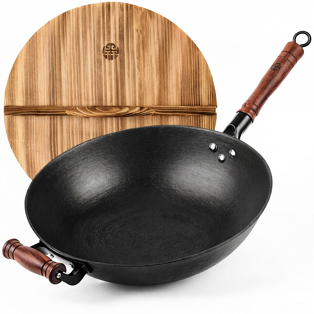 WANGYUANJI Cast Iron Wok 14.2/12.6 Inch Large Stir Fry Pan with Lid and Wooden Handle Flat Bottom Uncoated Healthy Cooking Pot Compatible with All Stovetops and Gas Ranges