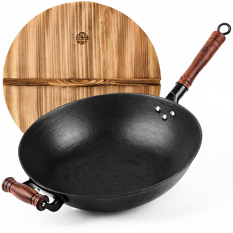 WANGYUANJI Cast Iron Wok 14.2/12.6 Inch Large Stir Fry Pan with Lid and Wooden Handle Round Bottom Uncoated Healthy Cooking Pot Compatible with All Stovetops and Gas Ranges