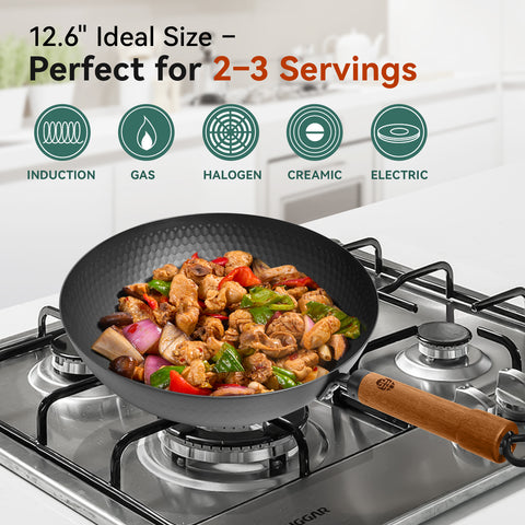 WANGYUANJI 12.6-Inch Wok Pan with Lid, Flat Bottom Wok with Detachable Wooden Handle, Compatible with All Stovetops