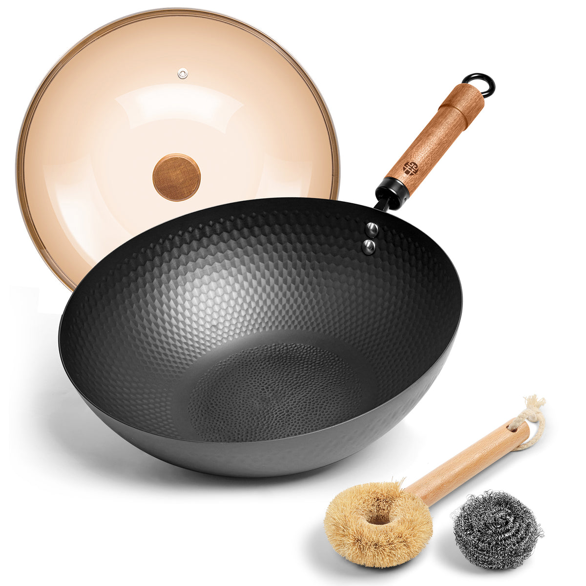 WANGYUANJI 12.6-Inch Wok Pan with Lid, Flat Bottom Wok with Detachable Wooden Handle, Compatible with All Stovetops