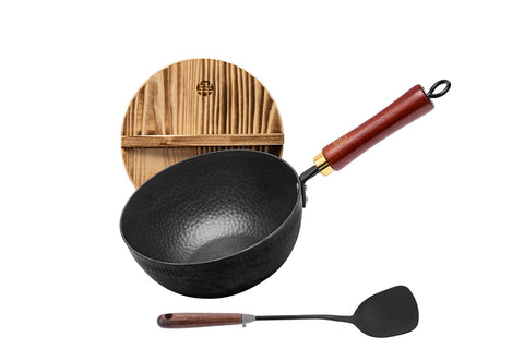 WANGYUANJI  8.6-Inch Hammered Carbon Steel Frying Pan, Small  Supplement Pan with Lid and Spatula