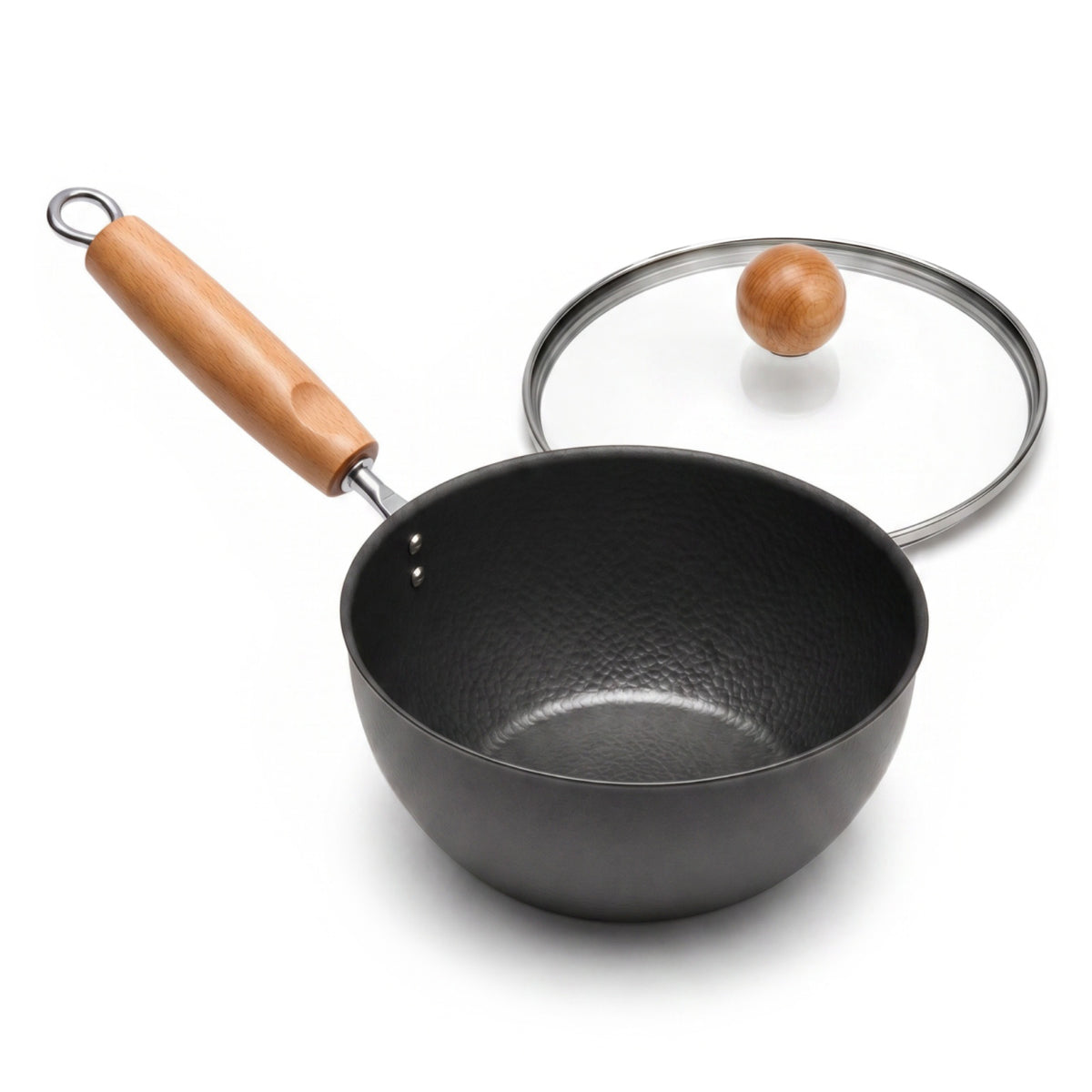 WANGYUANJI 7.1 Inch Hammered Cast Iron Saucepan with Glass Lid, Removable Beechwood Handle, Small Milk Pot for Boiling, Simmering, Heating – Non-Coated, Stovetop Compatible