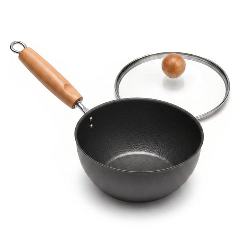 WANGYUANJI 7.1 Inch Hammered Cast Iron Saucepan with Glass Lid, Removable Beechwood Handle, Small Milk Pot for Boiling, Simmering, Heating – Non-Coated, Stovetop Compatible