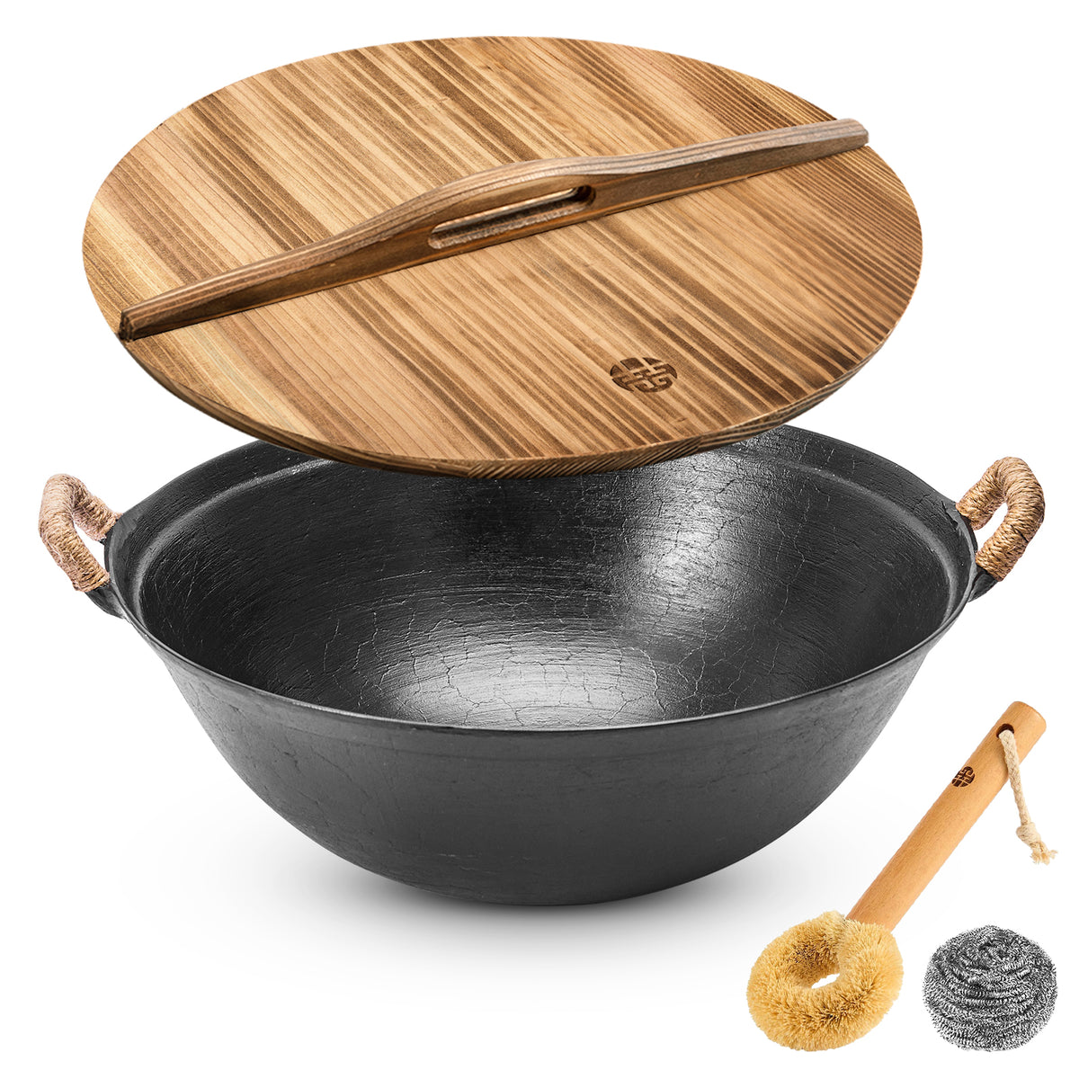 WANGYUANJI 11.8 Inch Handmade Cast Iron Wok with Dual Handles, Small Round-Bottom Chinese Wok for 1–2 Servings, Uncoated Stir Fry Pan for Gas Stoves & Open Flame Cooking