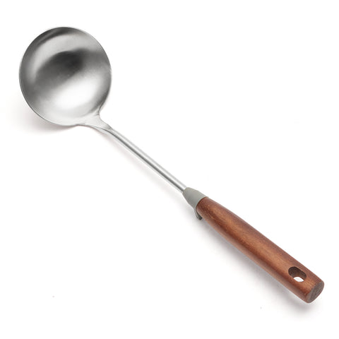 WANGYUANJI 14.2" Stainless Steel Wok Ladle – Asian Cooking Spoon with Wooden Handle and Stopper for Stir-Fry, Soup & Serving
