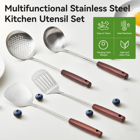 WANGYUANJI 4-Piece Stainless Steel Kitchen Utensil Set with Wooden Handle, Cooking Spoon, Slotted Turner, Skimmer, Stir Fry Spatula, Safe for Nonstick Cookware