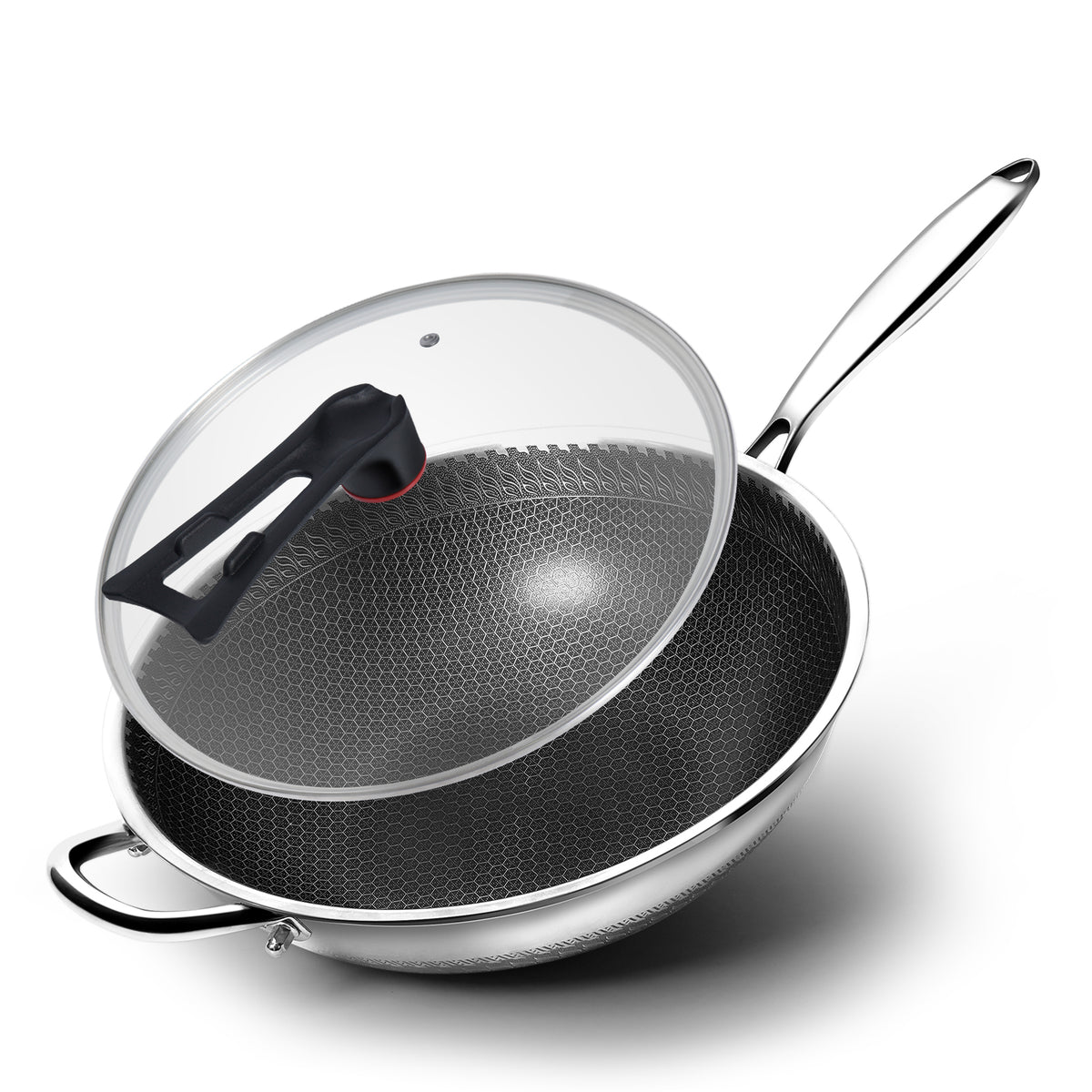 WANGYUANJI 12.6-Inch Honeycomb Nonstick Stainless Steel Wok with Glass Lid – Stir-Fry Pan for Induction & Gas Stove