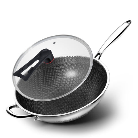 WANGYUANJI 12.6-Inch Honeycomb Nonstick Stainless Steel Wok with Glass Lid – Stir-Fry Pan for Induction & Gas Stove