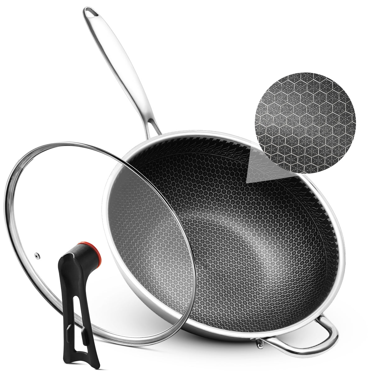 WANGYUANJI 12.6-Inch Honeycomb Nonstick Stainless Steel Wok with Glass Lid – Stir-Fry Pan for Induction & Gas Stove