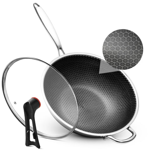 WANGYUANJI 12.6-Inch Honeycomb Nonstick Stainless Steel Wok with Glass Lid – Stir-Fry Pan for Induction & Gas Stove