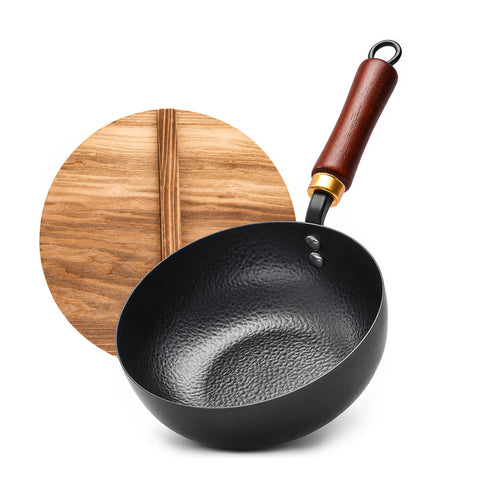 WANGYUANJI 8 Inch Hammered Iron Stir Fry Pan for 1–2 Servings, Removable Beechwood Handle, Traditional Small Wok for Searing, Sautéing, Stir-Frying – Non-Coated, Stovetop Compatible