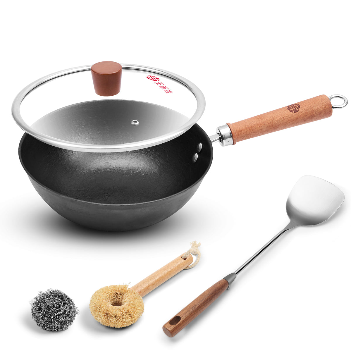WANGYUANJI 10.2 Inch Cast Iron Wok with Lid, Flat Bottom Stir Fry wok with Wooden Handle, Non-Coated Small Skillet for Gas, Induction & Open Flame Cooking