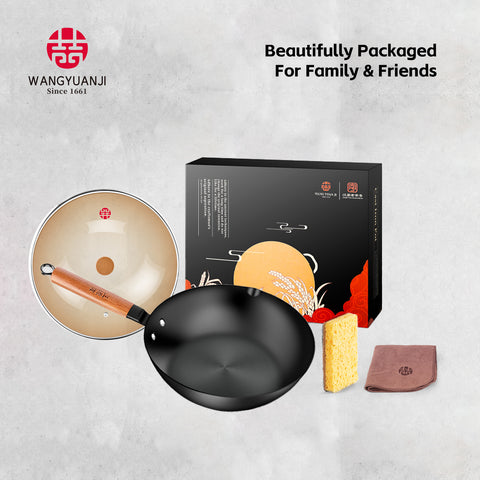 WANGYUANJI 11-Inch Hand-Forged Wrought Iron Flat Bottom Wok, Lightweight Non-Coated Chinese Stir Fry Pan for Gas & Induction Cooktops