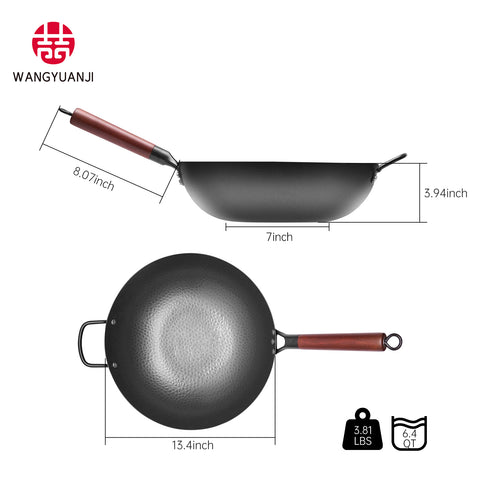 WANGYUANJI Hammered Wok 13.4",Carbon Steel Wok Pan with Glass Lid