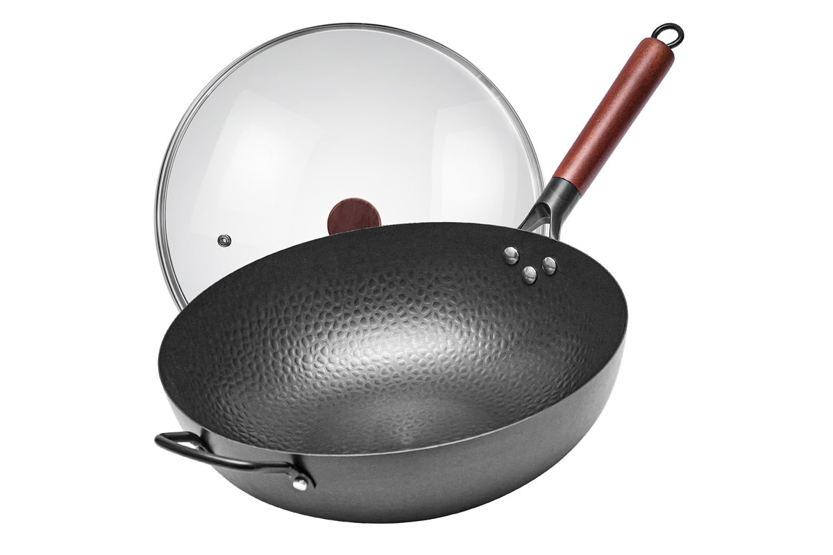 WANGYUANJI Hammered Wok 13.4",Carbon Steel Wok Pan with Glass Lid