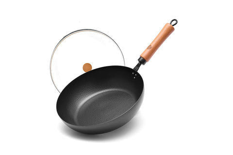 WANGYUANJI 11"Frying Pan with Wooden Handle and Glass Lid