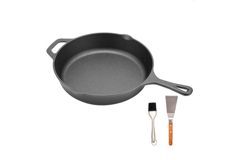 WANGYUANJI 10-Inch Cast Iron Grill Pan with Oil Brush and Spatula