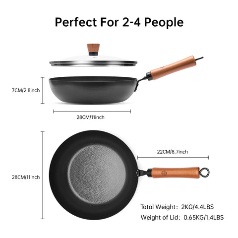 WANGYUANJI 11"Frying Pan with Wooden Handle and Glass Lid