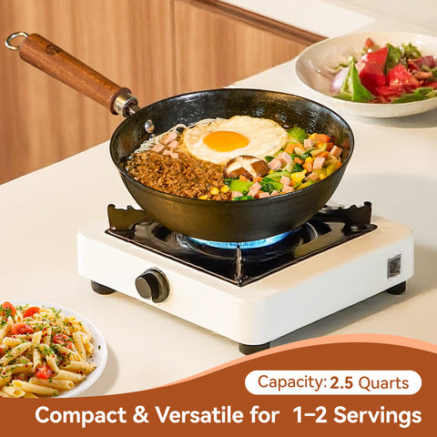WANGYUANJI 9.5 Inch Cast Iron Wok with Glass Lid – Small Flat Bottom Stir Fry Pan with Wooden Handle, Non-Coated Cookware for Gas & Open Flame