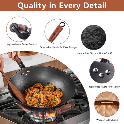 WANGYUANJI Cast Iron Wok 14.2/12.6 Inch Large Stir Fry Pan with Lid and Wooden Handle Round Bottom Uncoated Healthy Cooking Pot Compatible with All Stovetops and Gas Ranges