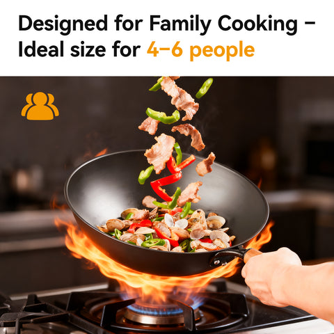 WANGYUANJI 12.6 Inch Iron Wok with Glass Lid, Flat Bottom Stir Fry Pan with Wooden Handle, Non-Coated Naturally Nonstick Skillet, Traditional Chinese Wok for Gas, Electric & Induction Cooking