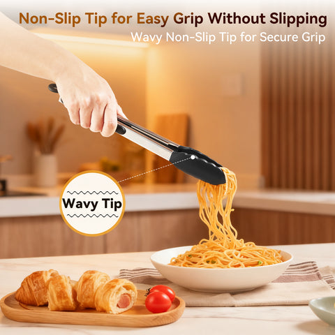 WANGYUANJI 13.4-Inch Stainless Steel Food Tongs with Silicone Tips, Locking BBQ Tongs for Cooking, Grilling, Salad, and Steak – Heat Resistant, Non-Slip Grip, Dishwasher Safe