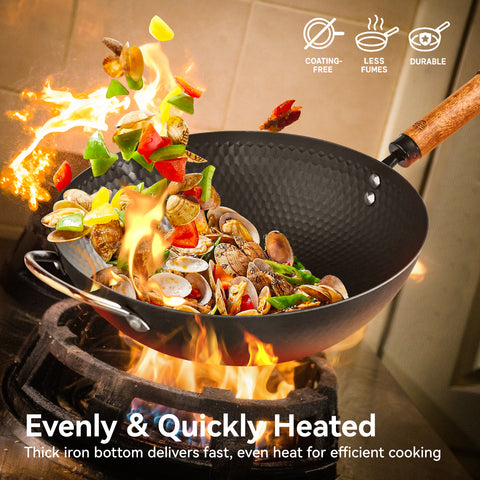 WANGYUANJI 12.6" Iron Wok with Lid and Iron Spatula, Nonstick Flat Bottom Stir Fry Pan for Induction, Gas & Electric Stovetops