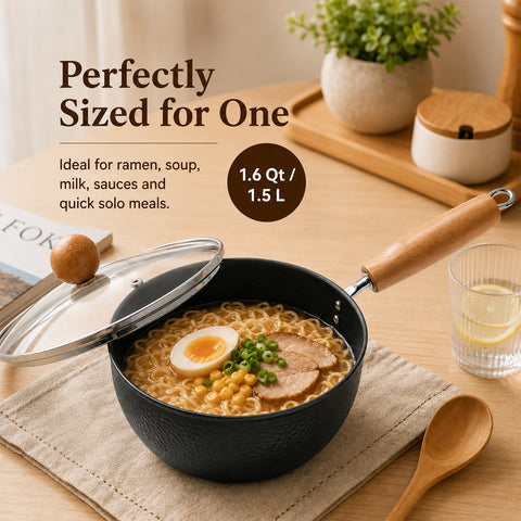 WANGYUANJI 7.1 Inch Hammered Cast Iron Saucepan with Glass Lid, Removable Beechwood Handle, Small Milk Pot for Boiling, Simmering, Heating – Non-Coated, Stovetop Compatible