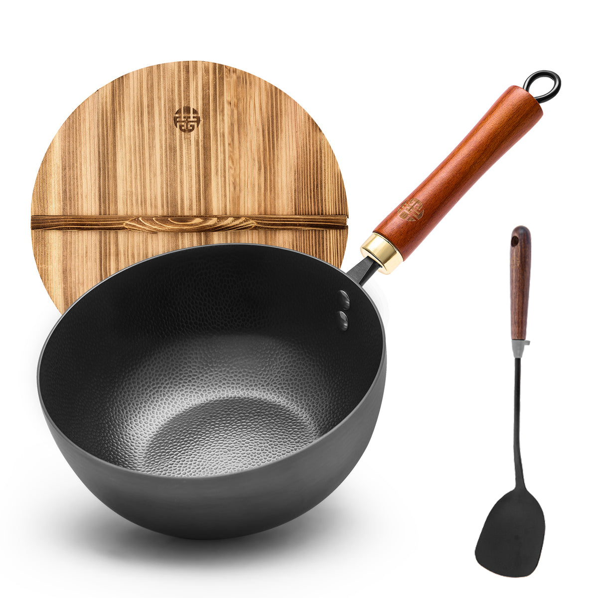 WANGYUANJI Iron Wok 8.7 Inch Deep Frying Skillet with Wooden Lid – Versatile Flat Bottom Stir-Fry Pan, Chemical-Free & Induction Compatible, Ideal Wrought Iron Small Wok for Home, Chef & Pro Use