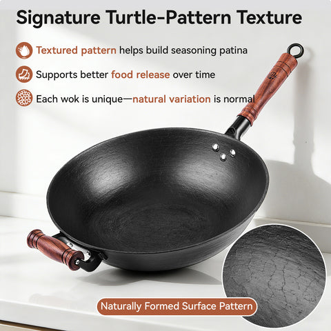 WANGYUANJI Cast Iron Wok 14.2/12.6 Inch Large Stir Fry Pan with Lid and Wooden Handle Round Bottom Uncoated Healthy Cooking Pot Compatible with All Stovetops and Gas Ranges