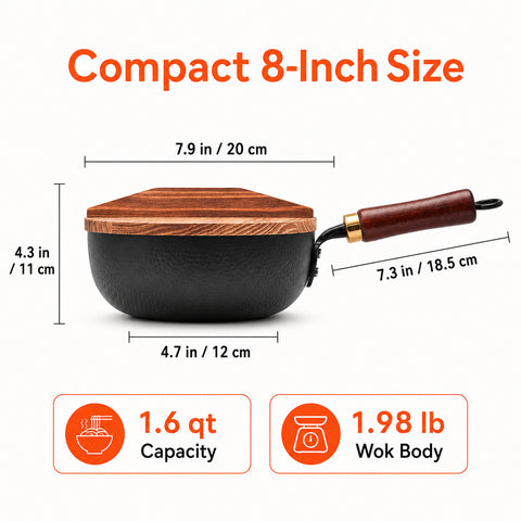 WANGYUANJI 8 Inch Hammered Iron Stir Fry Pan for 1–2 Servings, Removable Beechwood Handle, Traditional Small Wok for Searing, Sautéing, Stir-Frying – Non-Coated, Stovetop Compatible