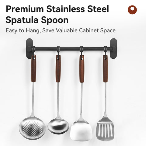 WANGYUANJI 4-Piece Stainless Steel Kitchen Utensil Set with Wooden Handle, Cooking Spoon, Slotted Turner, Skimmer, Stir Fry Spatula, Safe for Nonstick Cookware