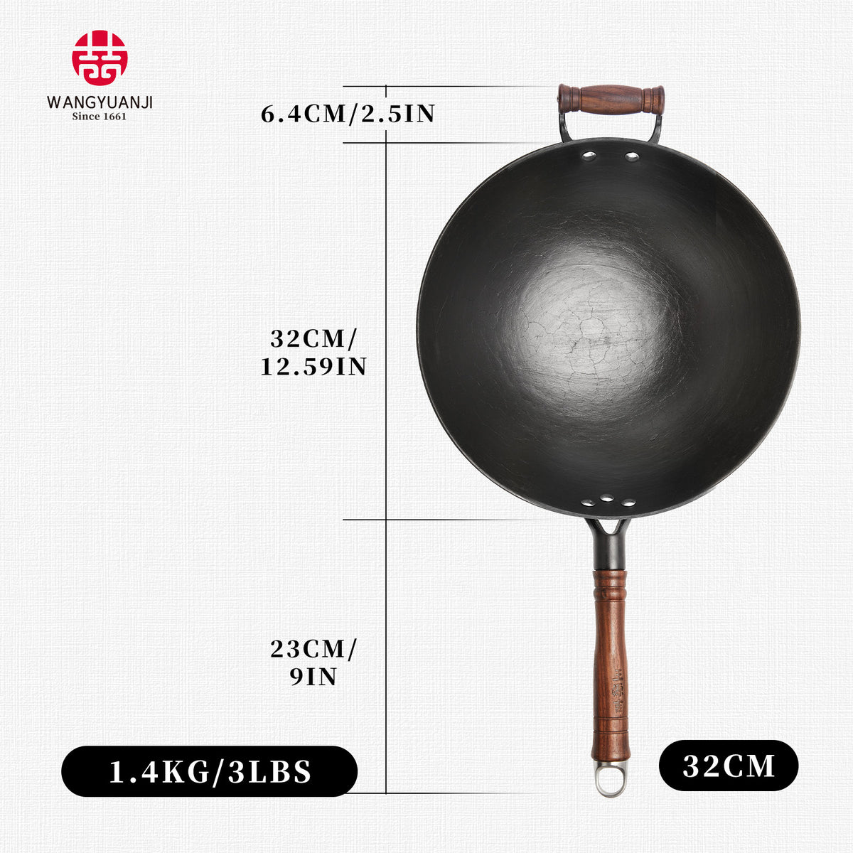 WANGYUANJI Cast Iron Wok 14.2/12.6 Inch Large Stir Fry Pan with Lid and Wooden Handle Round Bottom Uncoated Healthy Cooking Pot Compatible with All Stovetops and Gas Ranges