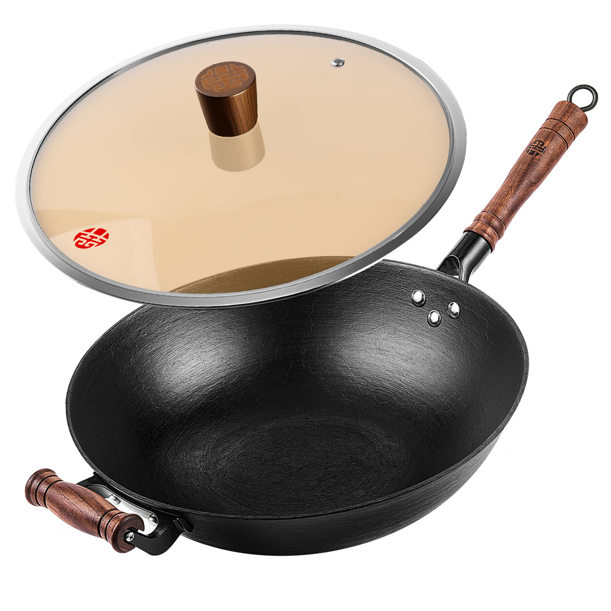 WANGYUANJI Cast Iron Wok,12.6/13.4/14.2 inch Flat Bottom Wok with Glass Lid,Suitable for All Cooktops, Uncoated Craft Pot Healthy Cooking Pot