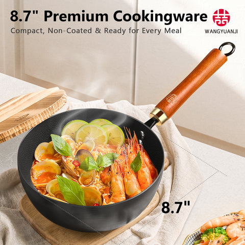 WANGYUANJI Iron Wok 8.7 Inch Deep Frying Skillet with Wooden Lid – Versatile Flat Bottom Stir-Fry Pan, Chemical-Free & Induction Compatible, Ideal Wrought Iron Small Wok for Home, Chef & Pro Use