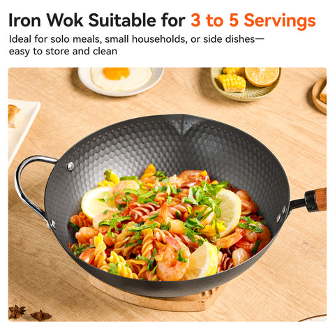 WANGYUANJI 12.6" Iron Wok with Lid and Iron Spatula, Nonstick Flat Bottom Stir Fry Pan for Induction, Gas & Electric Stovetops