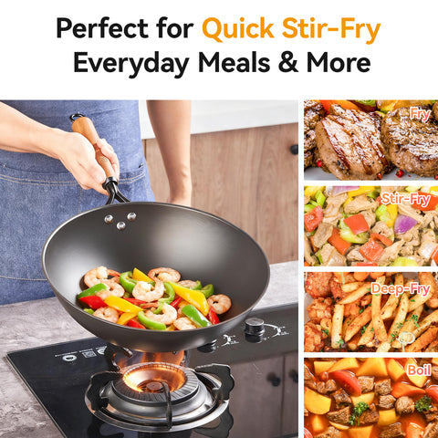 WANGYUANJI 12.6 Inch Iron Wok with Glass Lid, Flat Bottom Stir Fry Pan with Wooden Handle, Non-Coated Naturally Nonstick Skillet, Traditional Chinese Wok for Gas, Electric & Induction Cooking