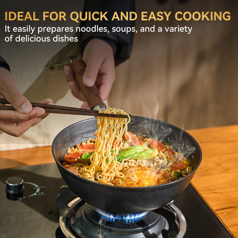 WANGYUANJI 10.2 Inch Cast Iron Wok with Lid, Flat Bottom Stir Fry wok with Wooden Handle, Non-Coated Small Skillet for Gas, Induction & Open Flame Cooking