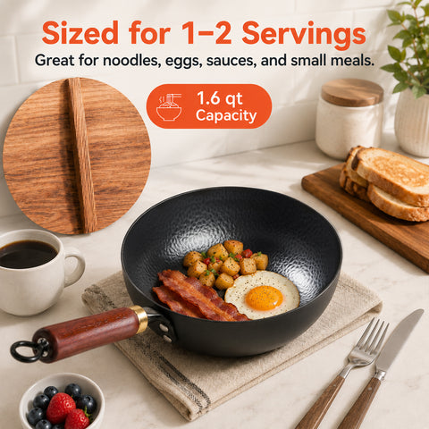 WANGYUANJI 8 Inch Hammered Iron Stir Fry Pan for 1–2 Servings, Removable Beechwood Handle, Traditional Small Wok for Searing, Sautéing, Stir-Frying – Non-Coated, Stovetop Compatible