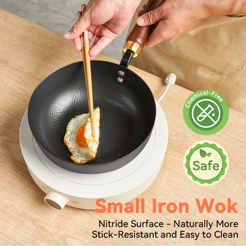 WANGYUANJI 8 Inch Hammered Iron Stir Fry Pan for 1–2 Servings, Removable Beechwood Handle, Traditional Small Wok for Searing, Sautéing, Stir-Frying – Non-Coated, Stovetop Compatible