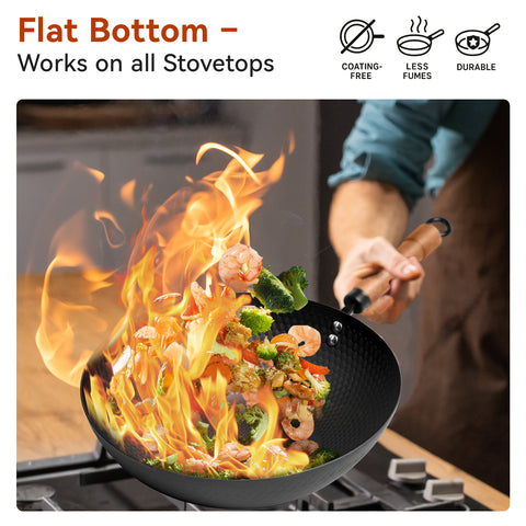 WANGYUANJI 12.6-Inch Wok Pan with Lid, Flat Bottom Wok with Detachable Wooden Handle, Compatible with All Stovetops