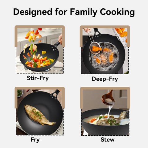 WANGYUANJI 11.8 Inch Iron Wok with Glass Lid, Flat Bottom Stir Fry Pan with Wooden Handle, Non-Coated Naturally Nonstick Skillet, Traditional Chinese Wok for Gas, Electric & Induction Cooking