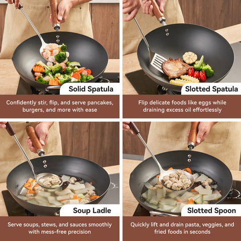 WANGYUANJI 4-Piece Stainless Steel Kitchen Utensil Set with Wooden Handle, Cooking Spoon, Slotted Turner, Skimmer, Stir Fry Spatula, Safe for Nonstick Cookware