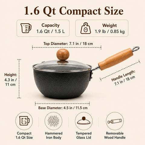 WANGYUANJI 7.1 Inch Hammered Cast Iron Saucepan with Glass Lid, Removable Beechwood Handle, Small Milk Pot for Boiling, Simmering, Heating – Non-Coated, Stovetop Compatible