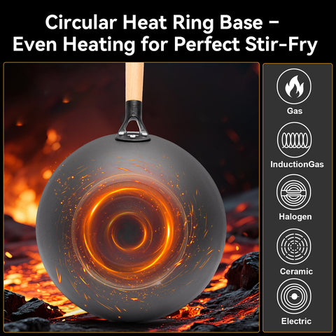 WANGYUANJI 12.6 Inch Flat Bottom Iron Wok with Glass Lid and Wooden Handle, Non-Coated, Naturally Nonstick Stir Fry Pan for Gas, Electric & Induction Stovetops