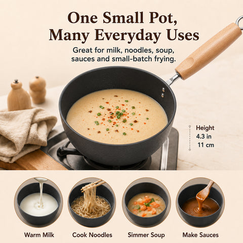 WANGYUANJI 7.1 Inch Hammered Cast Iron Saucepan with Glass Lid, Removable Beechwood Handle, Small Milk Pot for Boiling, Simmering, Heating – Non-Coated, Stovetop Compatible