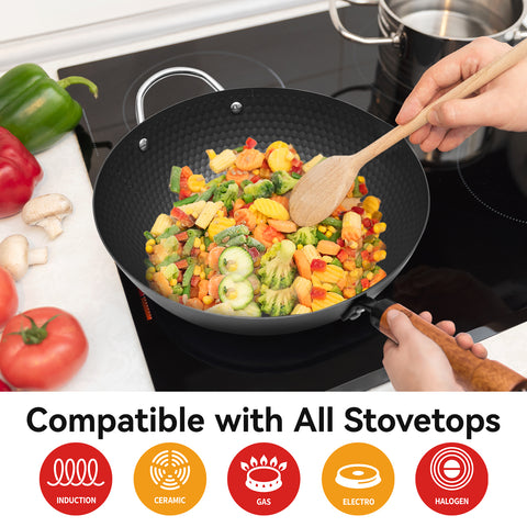 WANGYUANJI 12.6" Iron Wok with Lid and Iron Spatula, Nonstick Flat Bottom Stir Fry Pan for Induction, Gas & Electric Stovetops