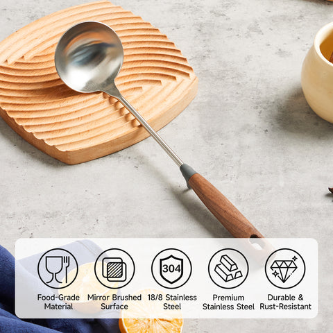 WANGYUANJI 14.2" Stainless Steel Wok Ladle – Asian Cooking Spoon with Wooden Handle and Stopper for Stir-Fry, Soup & Serving